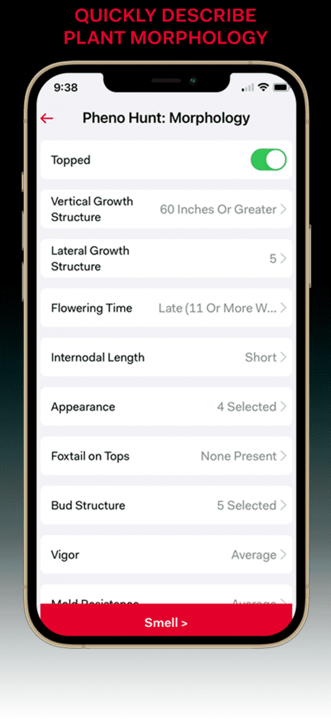 A screenshot of the PhenoHunter app, showing how to describe plant morphology in the app.