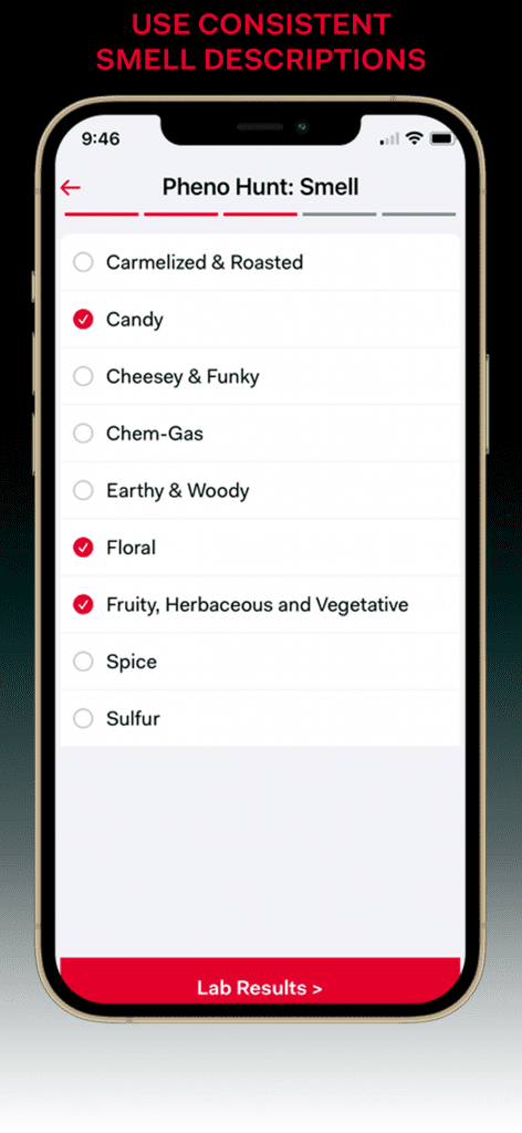 A screenshot of the PhenoHunter app, showing how to use consistent smell descriptions in the app.