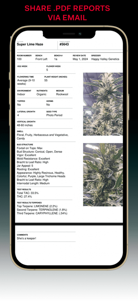 A screenshot of the PhenoHunter app, showing how to share PDF reports via email in the app.